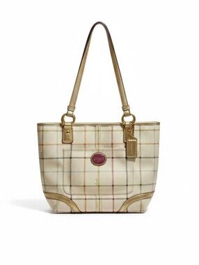 Coach Beige Plaid Leather-Trim Tote Bag